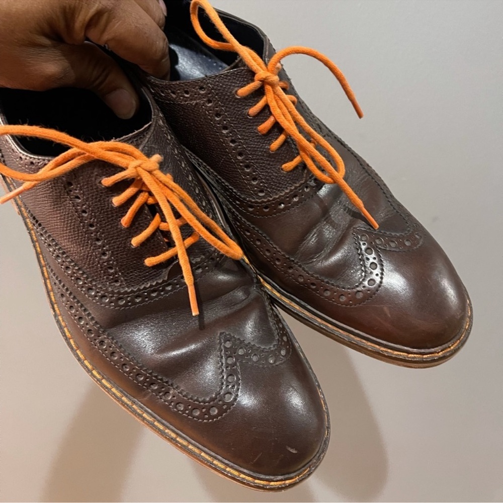 Cole Haan Brown Leather Wingtip Brogues with Orange Laces Sz 8.5